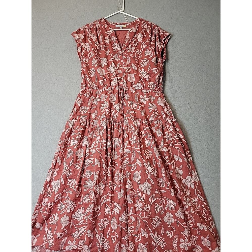 C&C California Cotton Coral Floral Gathered Waist Midi Dress Women's Med Pockets - Picture 2 of 13